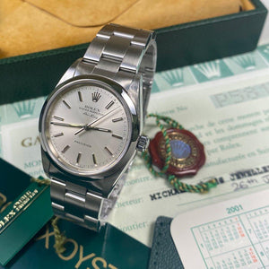 Rolex Precision Air-King 14000 34mm •SILVER DIAL• (2001 - P Serial) - Swiss Watch Trader 